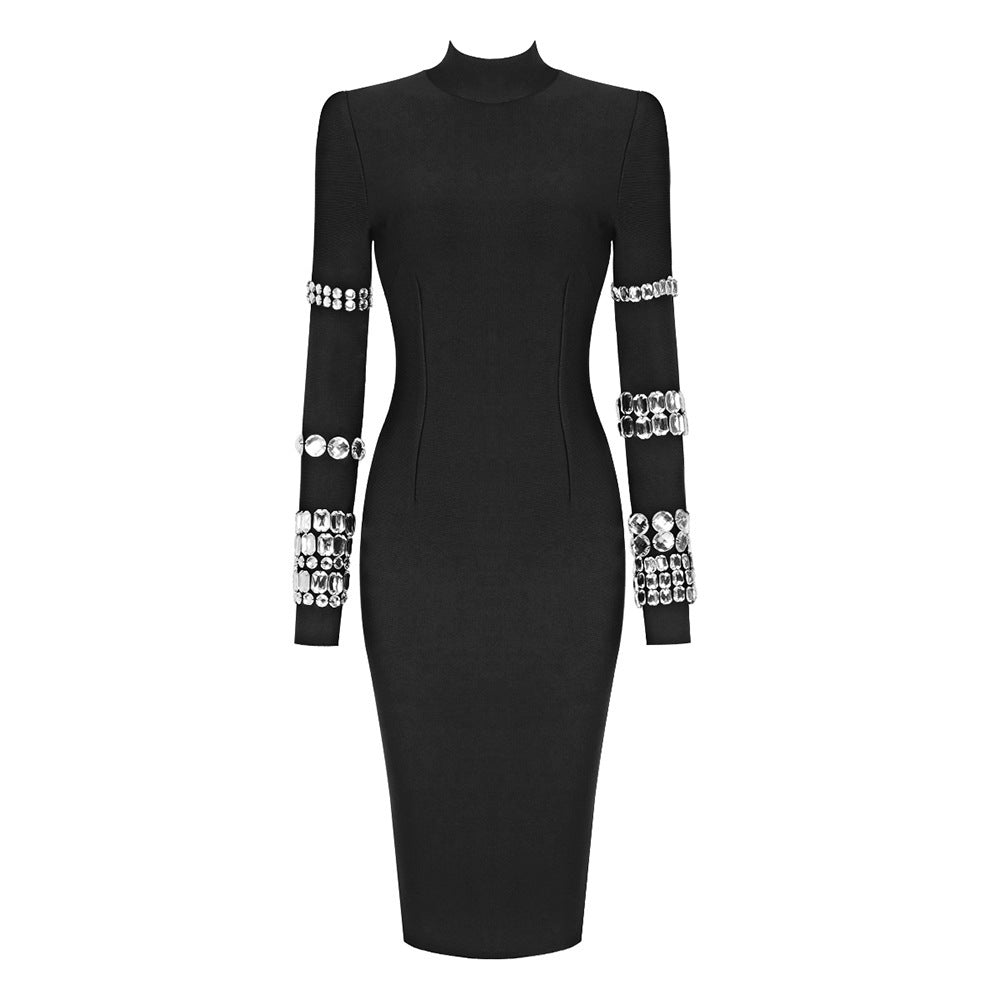 Studded Crystal Black High Neck Long Sleeve Bodycon Dress for Women