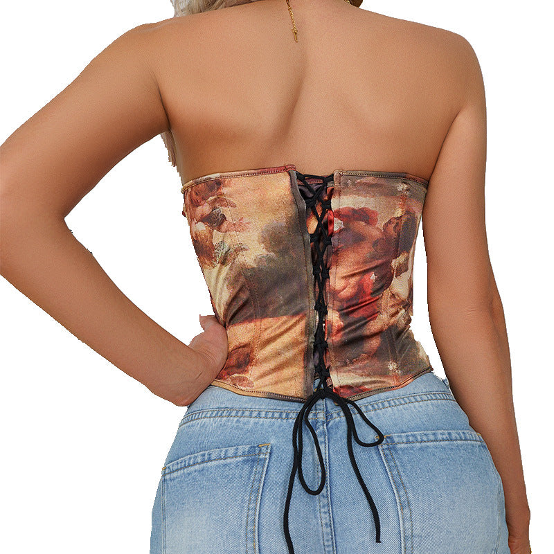 Women Sexy Printed Crop Bustier Sheer Top Sleeveless Tube Tops