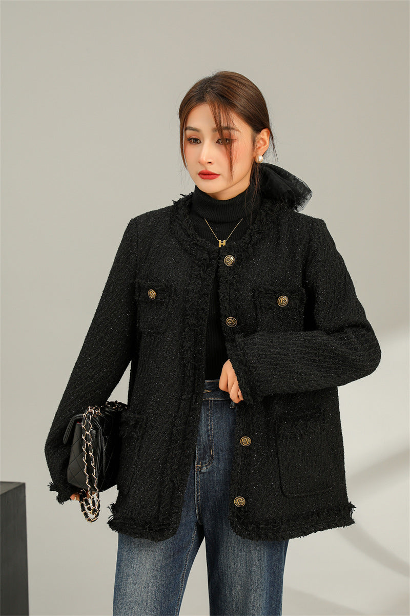 Wool tweed jacket with pockets vintage button tweed down coat women