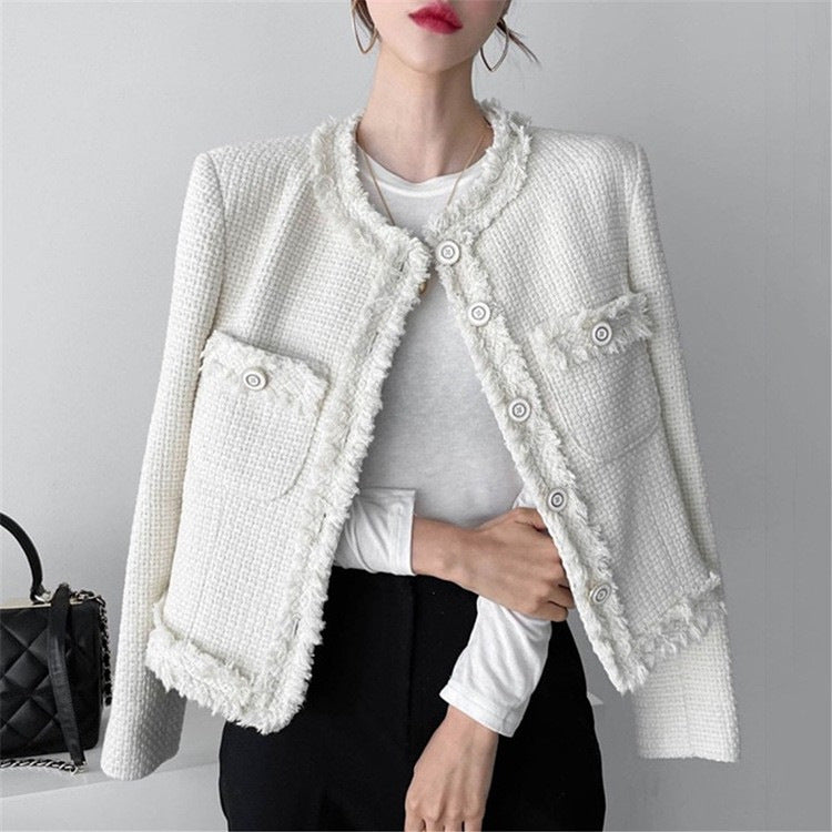 crew neck fringed tweed jacket black and white short cardigan