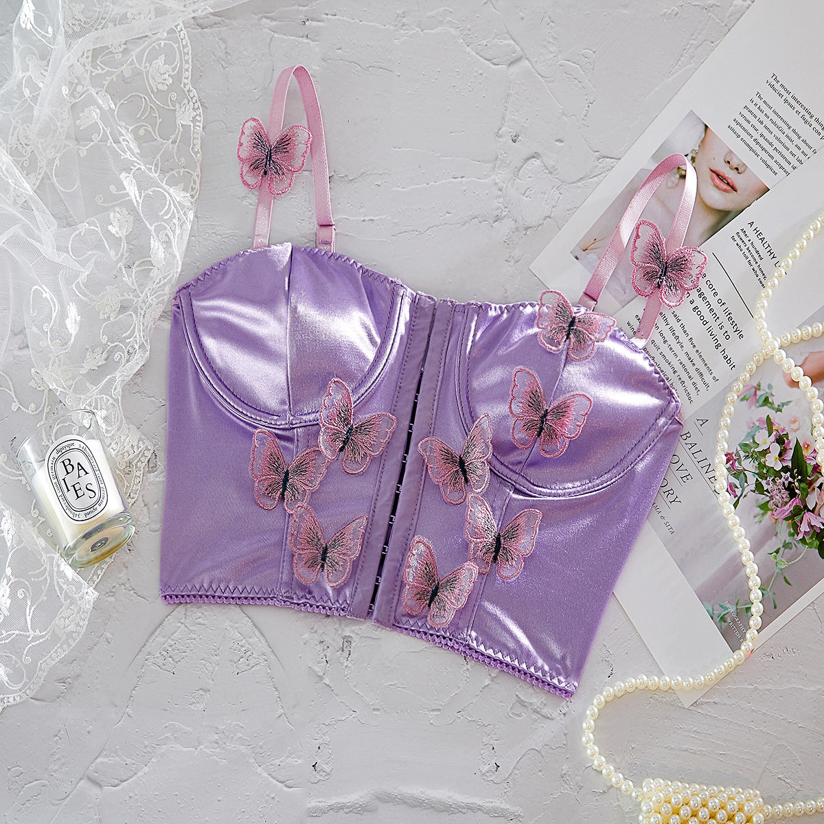 Butterfly Decor Lace Up Shapewear Top Corset Bra Vest