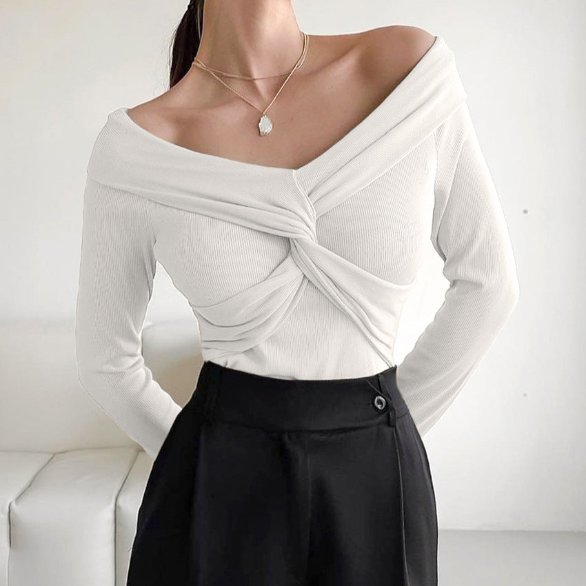 Knitted One Shoulder Long Sleeve T-Shirt for Women