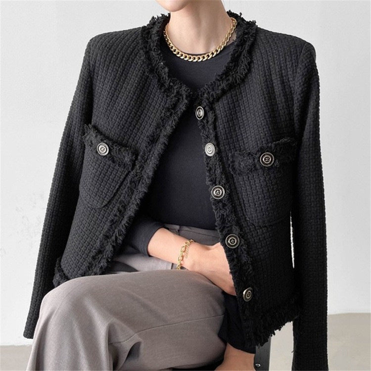 crew neck fringed tweed jacket black and white short cardigan