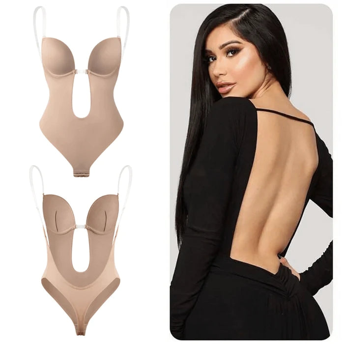 Shapewear Bodysuit Women Deep V Neck Backless Clear Strap