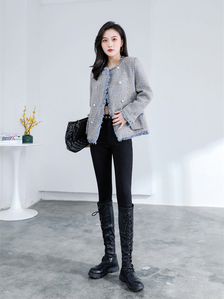 Blue retro woolen coat short temperament jacket