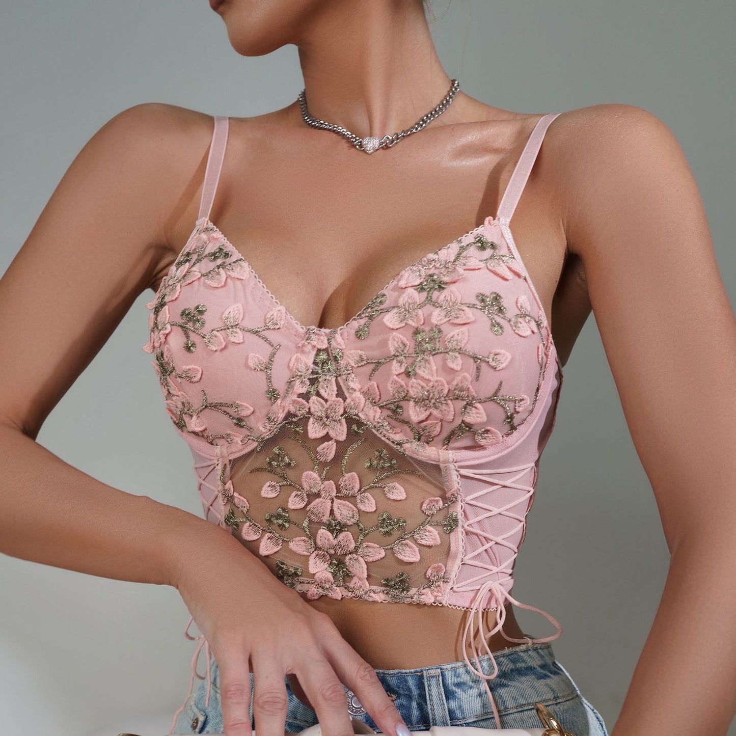 Sexy embroidered camisole, mesh back-beautiful underwear for women