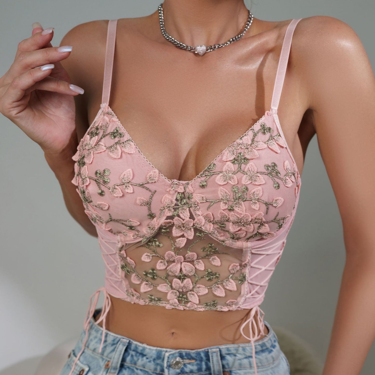 Sexy embroidered camisole, mesh back-beautiful underwear for women