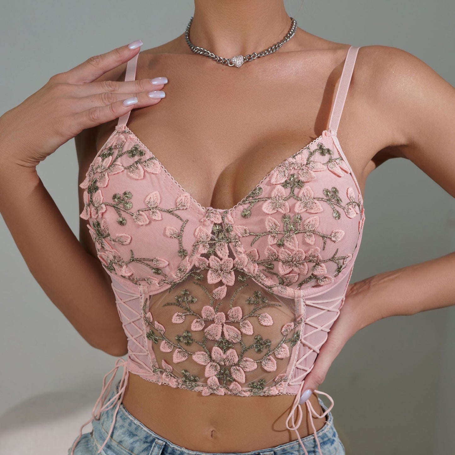 Sexy embroidered camisole, mesh back-beautiful underwear for women