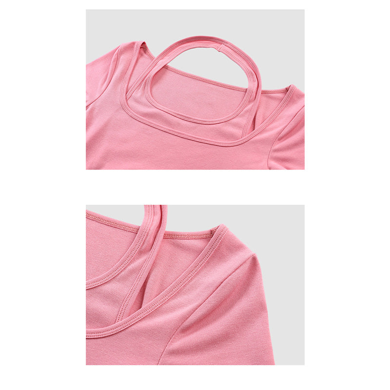 Sexy Hanging Neck Long Sleeve Strapless Bottom T-Shirt Tops