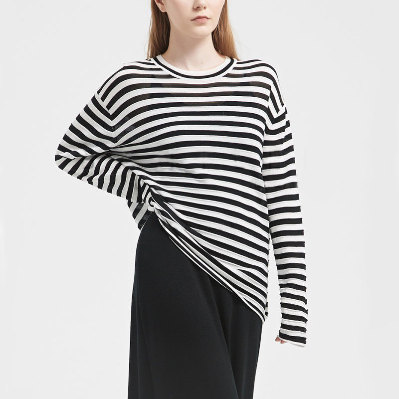 PATON Striped Tencel Round Neck Loose Drop Shoulder Top