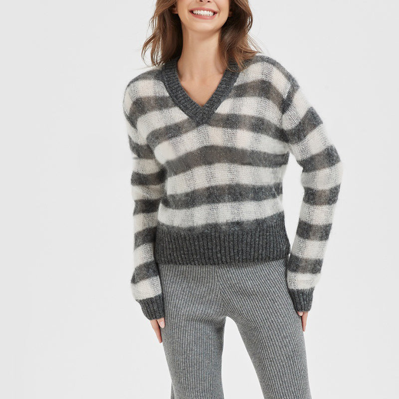 Mohair V-neck Striped Long-sleeved Pullover