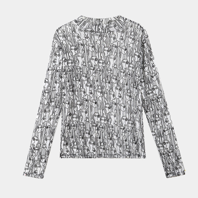 Designed Half Turtleneck Printed Mesh T-shirt Top