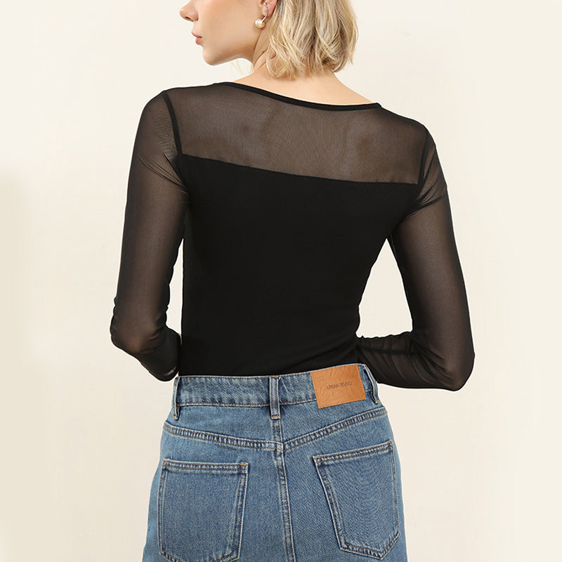 Sexy Mesh Patchwork Bottoming Shirt Slim Round Neck Top