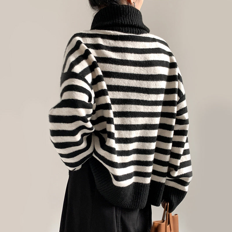 Half Zip Striped Knit Sweater Lapel Top