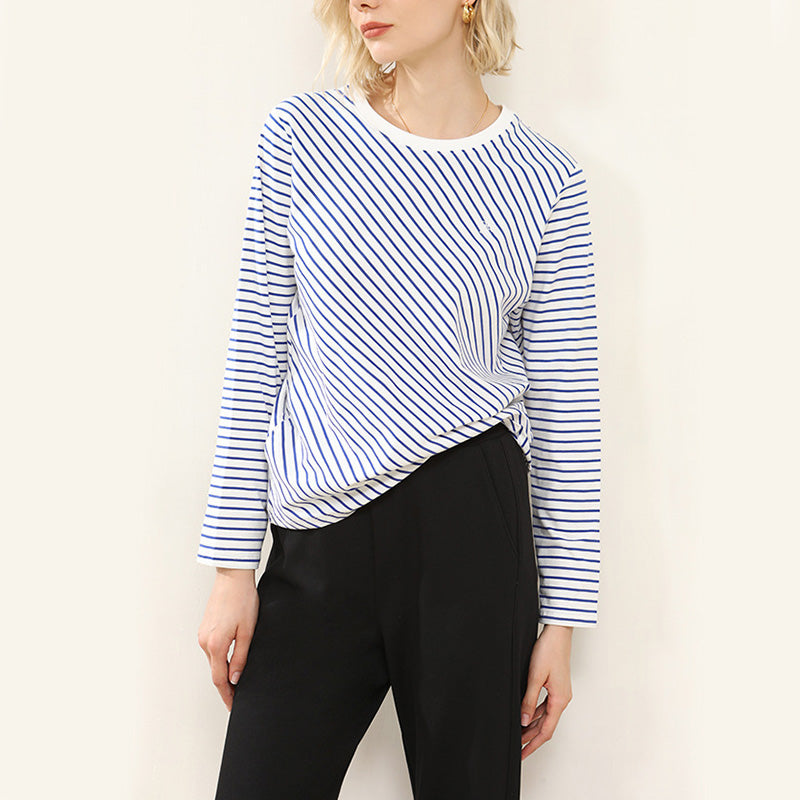 Blue Round Neck Striped Printed Top Women's Bottom T-Shirt