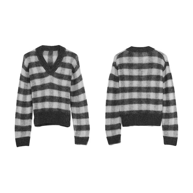 Mohair V-neck Striped Long-sleeved Pullover