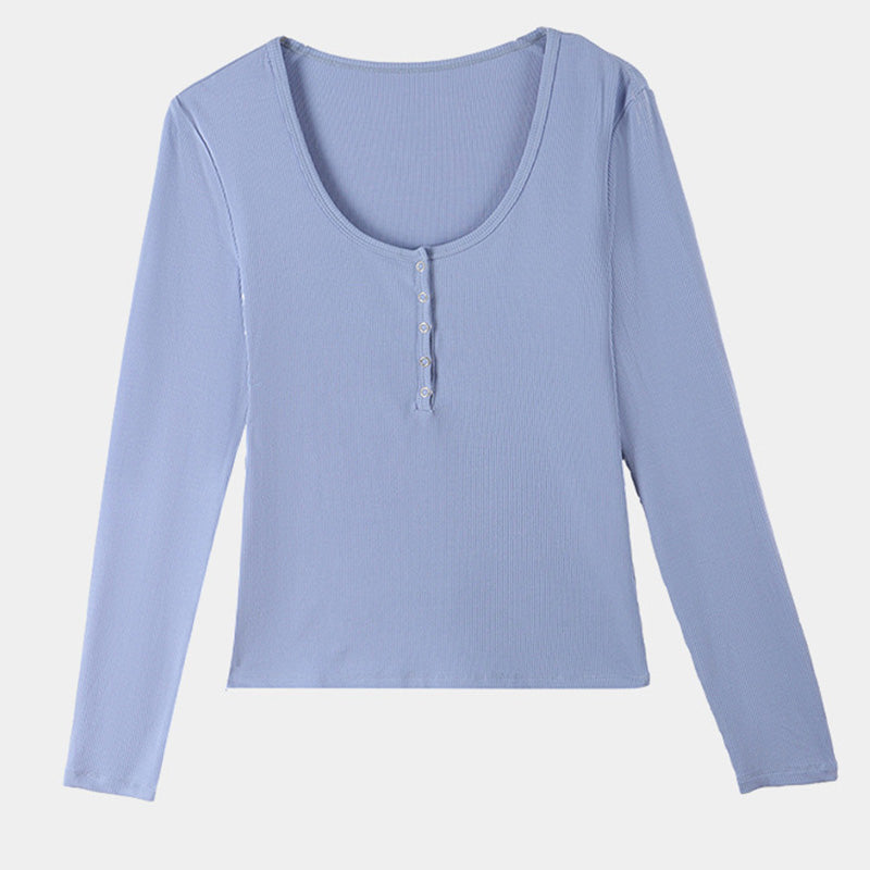 Button Round Neck Bottom Shirt Long Sleeve Slim Top