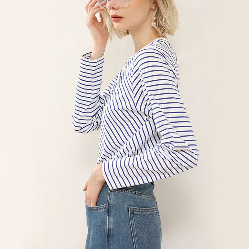 Blue Round Neck Striped Printed Top Women's Bottom T-Shirt