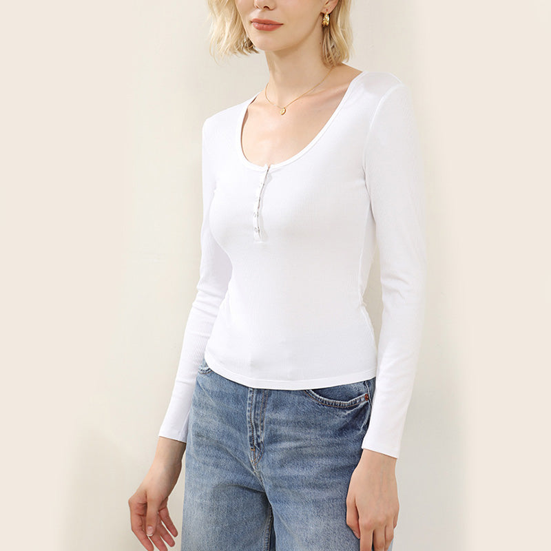 Button Round Neck Bottom Shirt Long Sleeve Slim Top