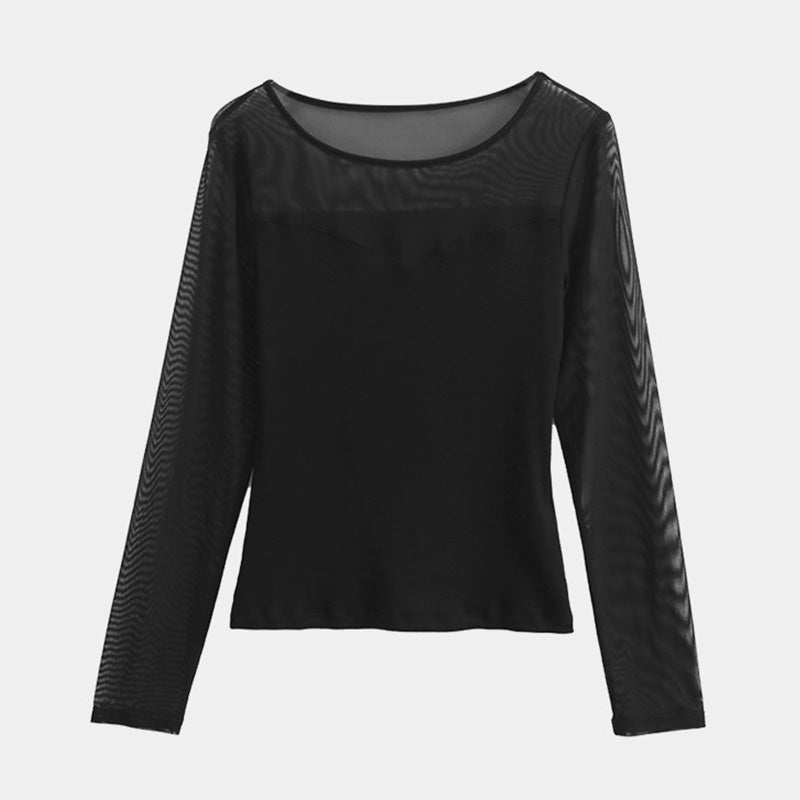 Sexy Mesh Patchwork Bottoming Shirt Slim Round Neck Top