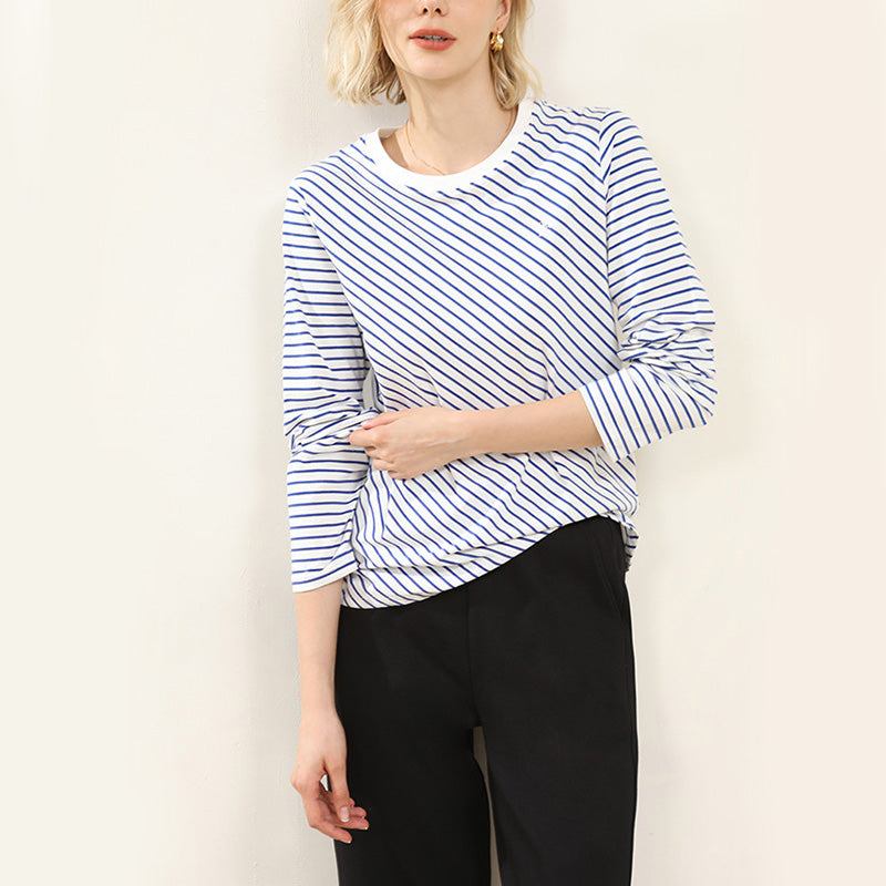 Blue Round Neck Striped Printed Top Women's Bottom T-Shirt