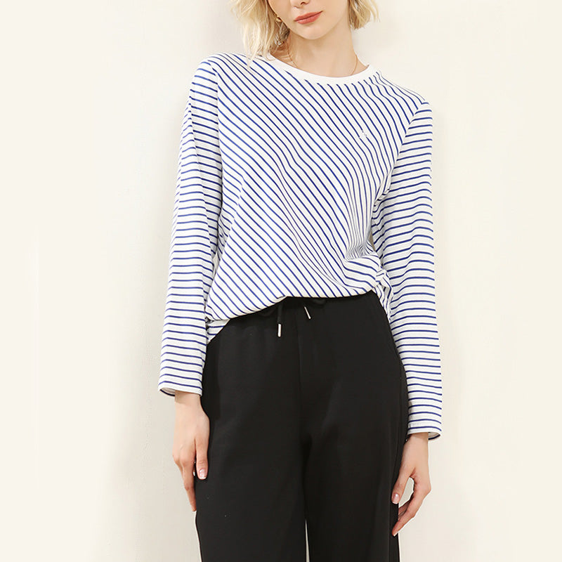 Blue Round Neck Striped Printed Top Women's Bottom T-Shirt