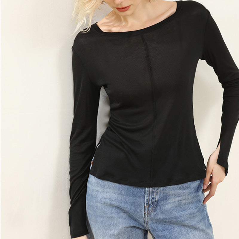 Thin Slit O Neck T-shirt Long Sleeve Top for Women