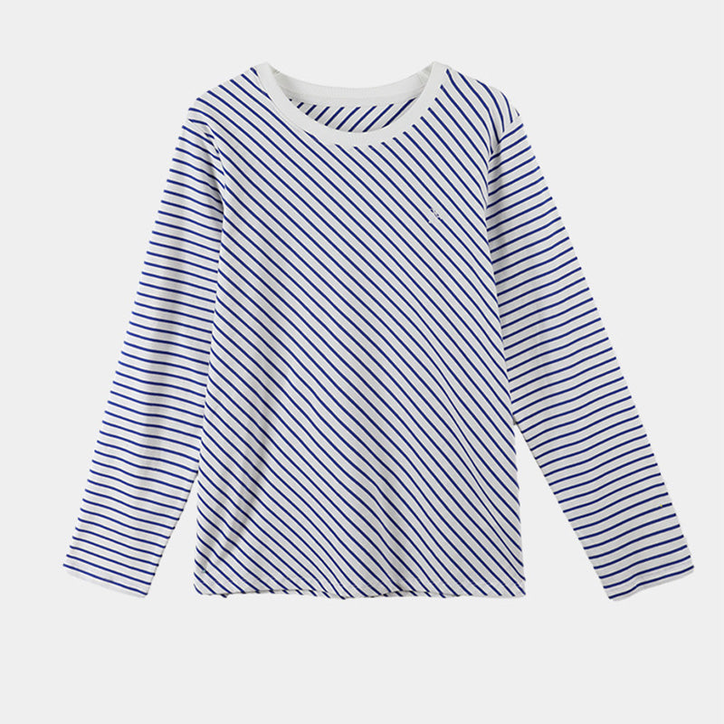 Blue Round Neck Striped Printed Top Women's Bottom T-Shirt