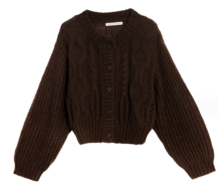 Mohair Wool Cable-knit Crew Neck Cardigan Sweater