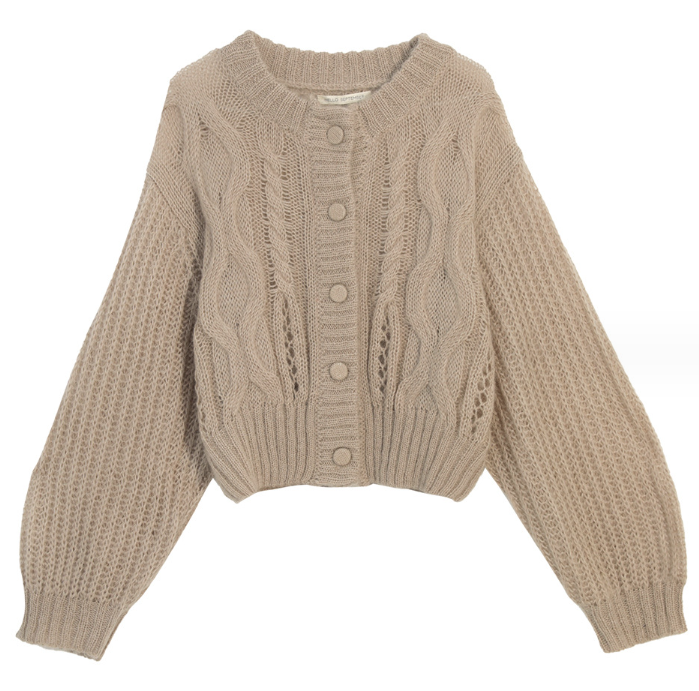 Mohair Wool Cable-knit Crew Neck Cardigan Sweater