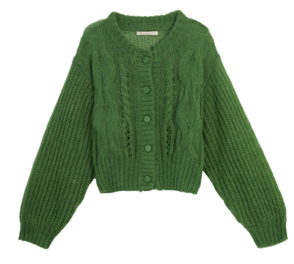 Mohair Wool Cable-knit Crew Neck Cardigan Sweater