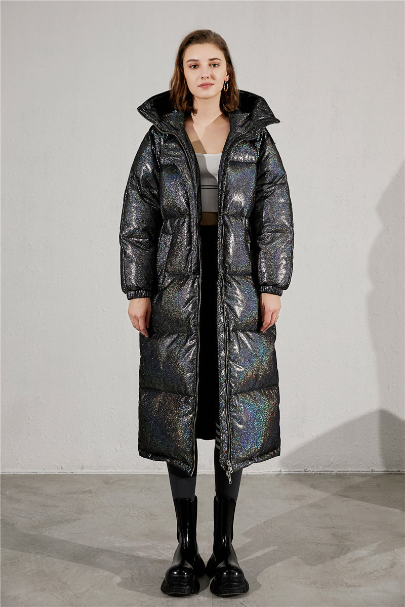 Black Women Down Jackets Down & Feather  Hooded Quilted Longline Puffer Coat