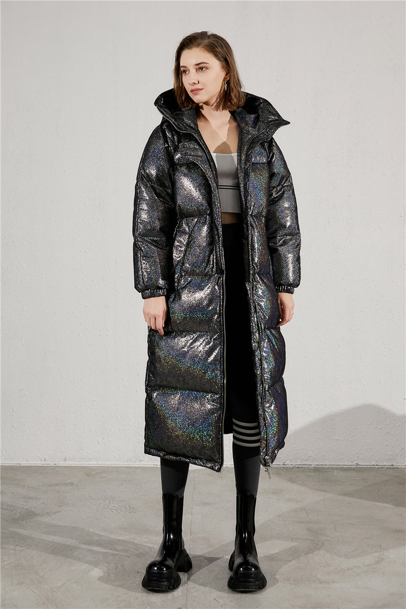 Black Women Down Jackets Down & Feather  Hooded Quilted Longline Puffer Coat