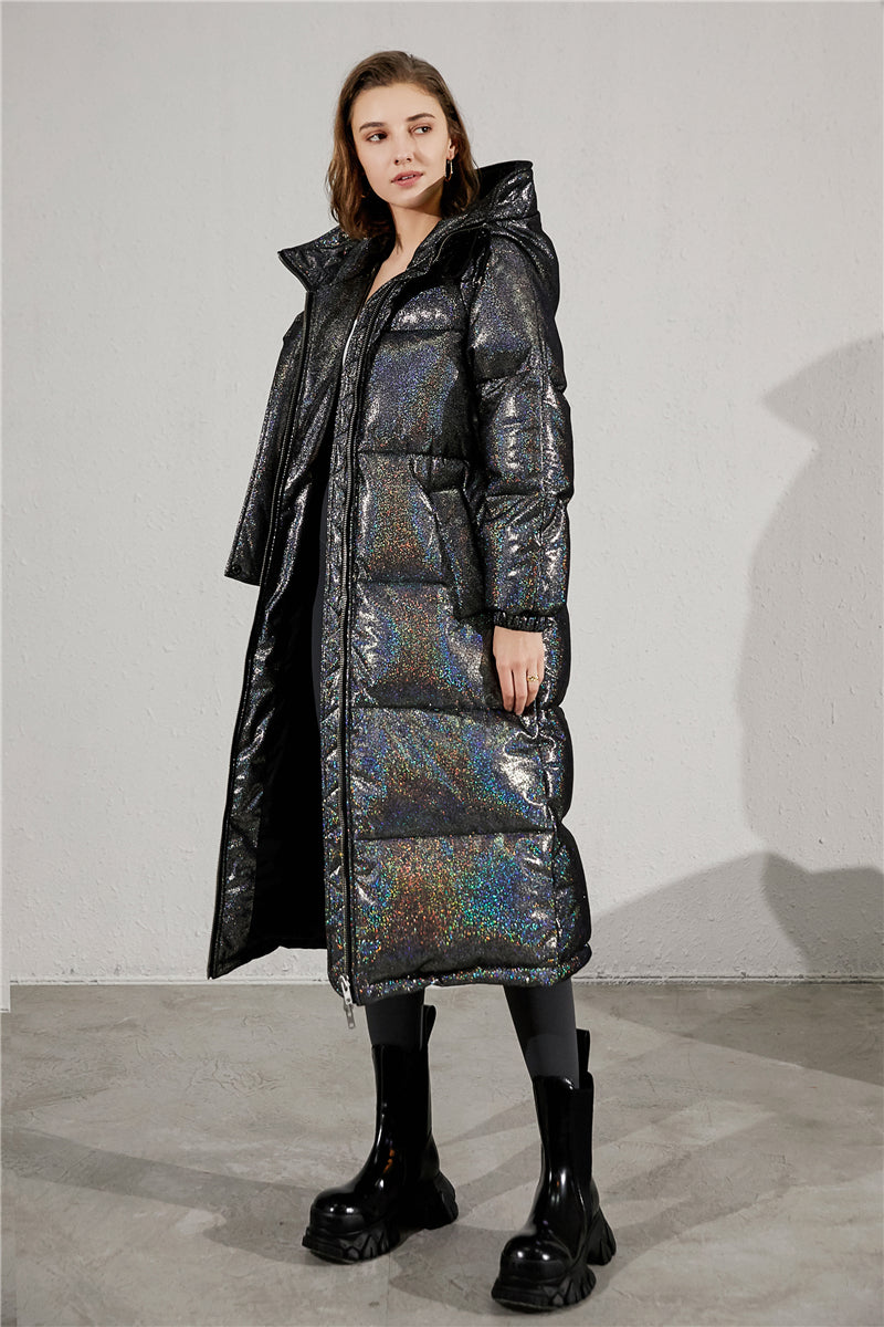 Black Women Down Jackets Down & Feather  Hooded Quilted Longline Puffer Coat