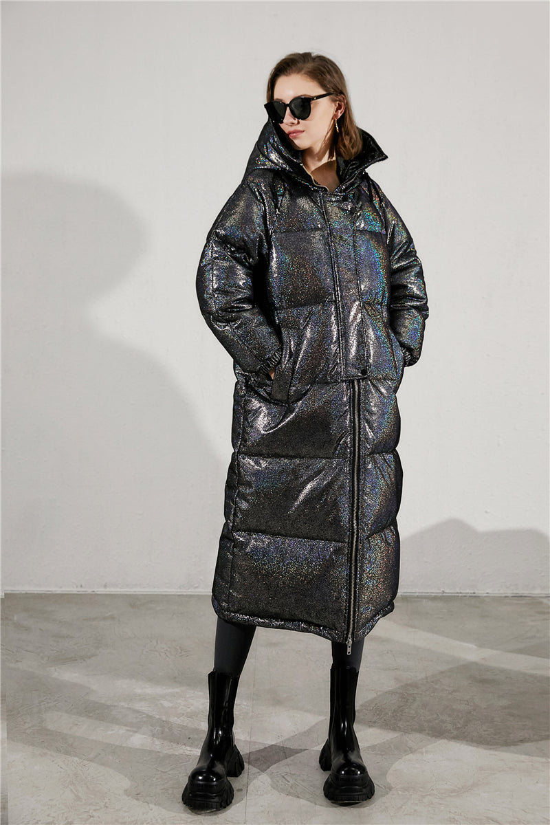 Black Women Down Jackets Down & Feather  Hooded Quilted Longline Puffer Coat