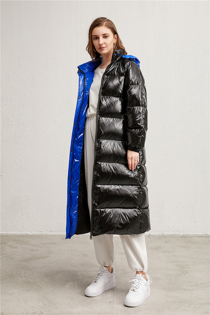 Drawstring Hood Black and Blue Longline Puffer Jacket 90% Down Coat for Women