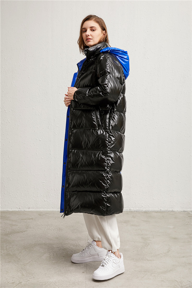 Drawstring Hood Black and Blue Longline Puffer Jacket 90% Down Coat for Women