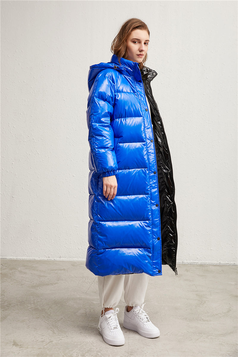 Drawstring Hood Black and Blue Longline Puffer Jacket 90% Down Coat for Women