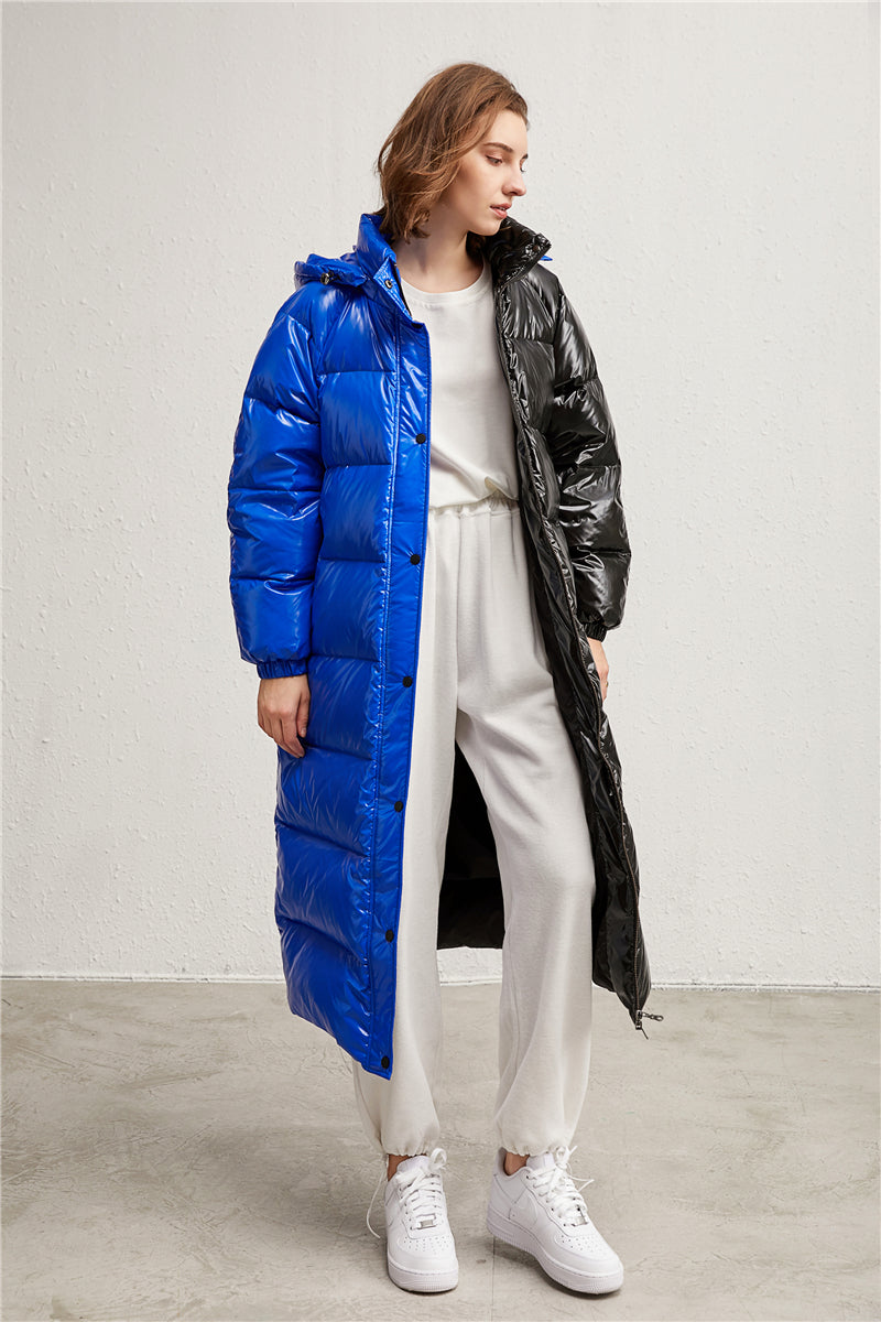 Drawstring Hood Black and Blue Longline Puffer Jacket 90% Down Coat for Women