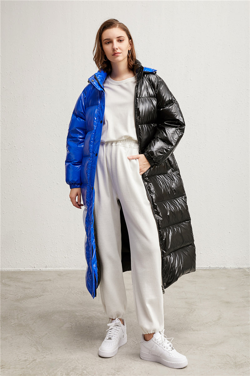 Drawstring Hood Black and Blue Longline Puffer Jacket 90% Down Coat for Women