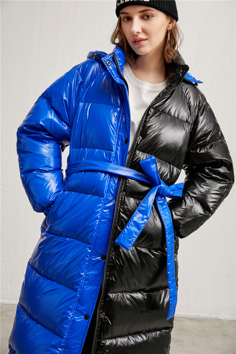 Drawstring Hood Black and Blue Longline Puffer Jacket 90% Down Coat for Women