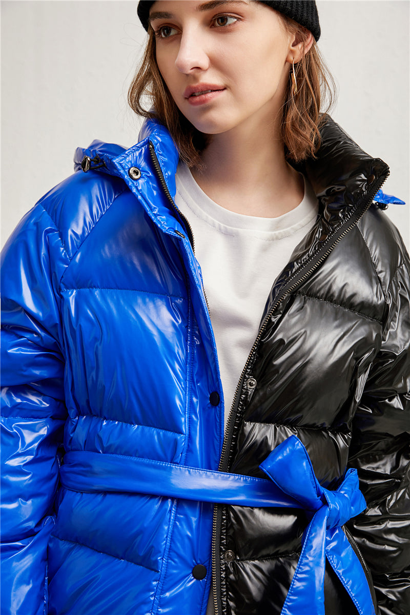 Drawstring Hood Black and Blue Longline Puffer Jacket 90% Down Coat for Women