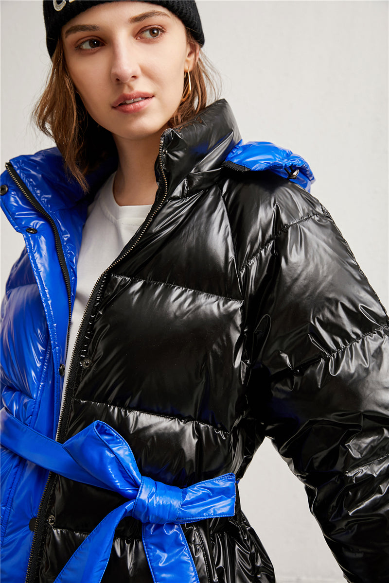 Drawstring Hood Black and Blue Longline Puffer Jacket 90% Down Coat for Women