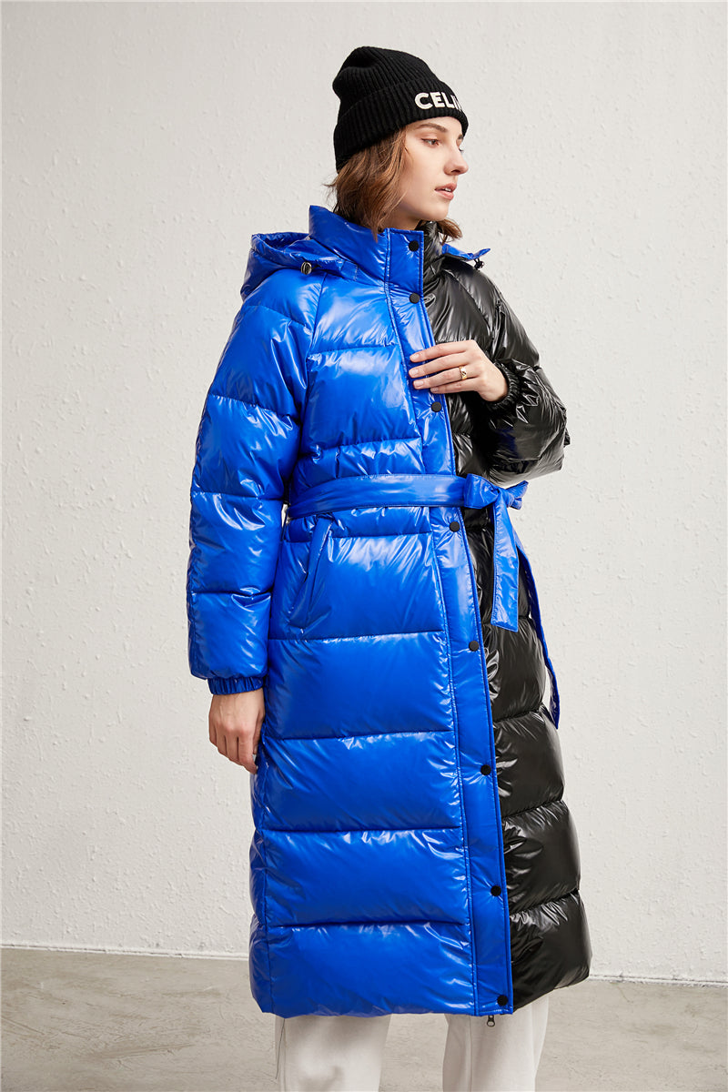 Drawstring Hood Black and Blue Longline Puffer Jacket 90% Down Coat for Women