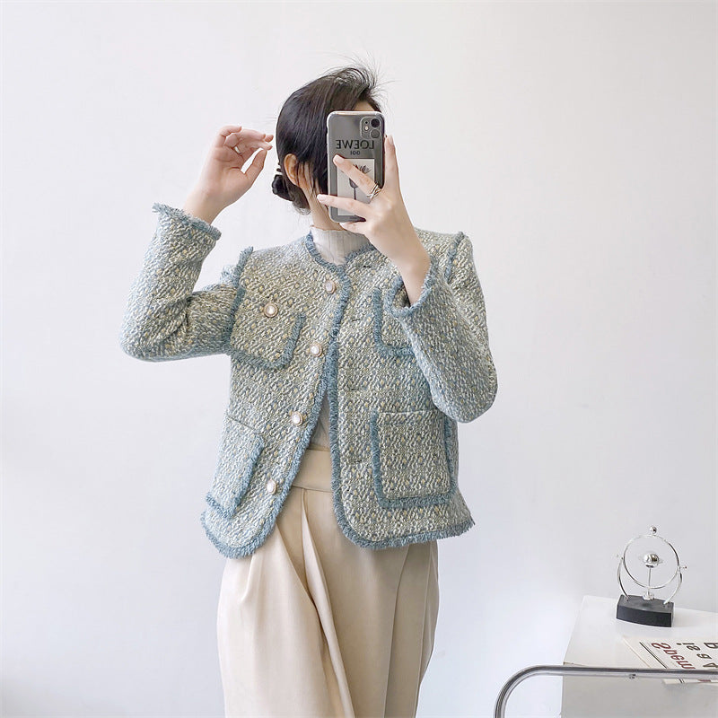 Vintage Round Neck Plaid Tweed Jacket Women Spring Autumn Fringe Coat Button Outwear