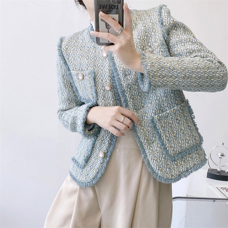 Vintage Round Neck Plaid Tweed Jacket Women Spring Autumn Fringe Coat Button Outwear