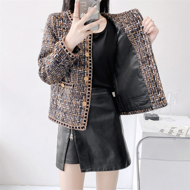 Round Neck Autumn Winter Coat Women's Vintage Plaid Short Top