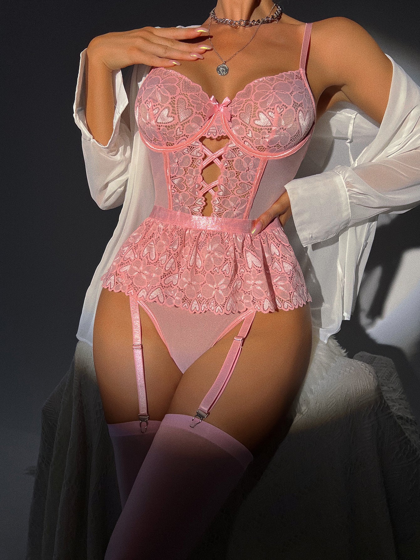 See through lace sexy babydoll mature women hot lingerie set with stockings