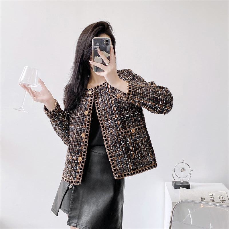 Round Neck Autumn Winter Coat Women's Vintage Plaid Short Top