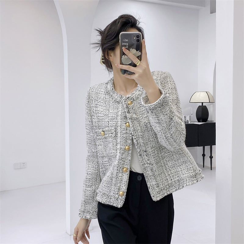 Women's Long Sleeve Cropped Tweed Jacket with Pocket Green